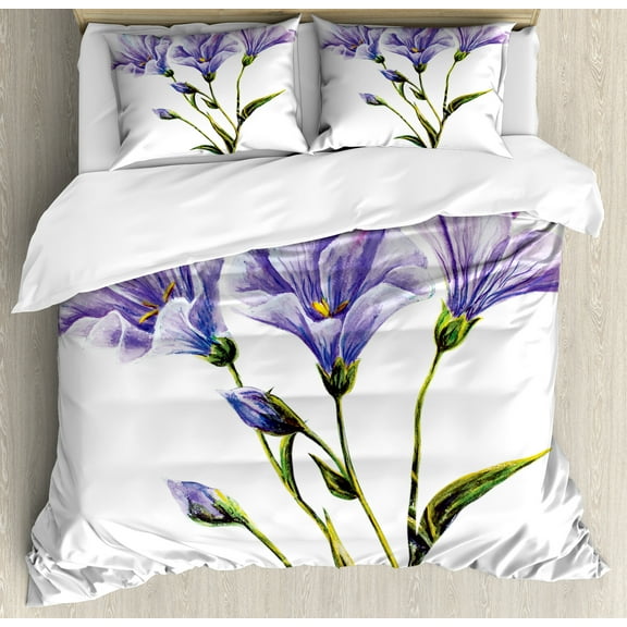 Watercolor Flower Duvet Cover Set, Wild Flowers Drawing of Romantic Summer Theme Mother Earth Art, Decorative 3 Piece Bedding Set with 2 Pillow Shams, Calking Size, White Violet Green, by Ambesonne