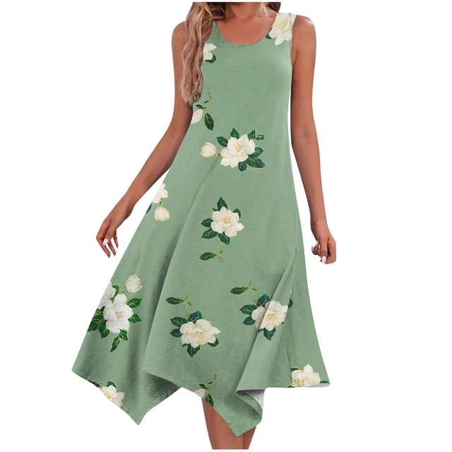 Penkiiy Robe Maxi Sans Manches à Ourlet Mouchoir pour Femmes Été Col Rond Robe d'Été Décontractée à Volants Ligne A Boho L Vert