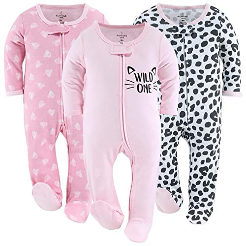 Footed Baby Sleepers for Girls, Cheetah Pink Hearts, to 12 Month Sizes