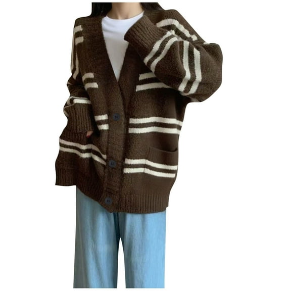 Yangnuo Trendy Loose Cardigan Sweaters for Women Womens Oversized Sweaters Women's Fashion Solid Color Leisure Long Sleeve Cardigan Knit V-Neck Sweater Coat