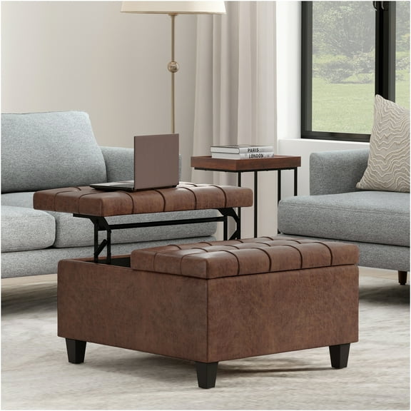 JERFIT 30 Inch Square Storage Ottoman Coffee Table with Lift Top, Brown Faux Leather Foot Rest Stool for Living Room