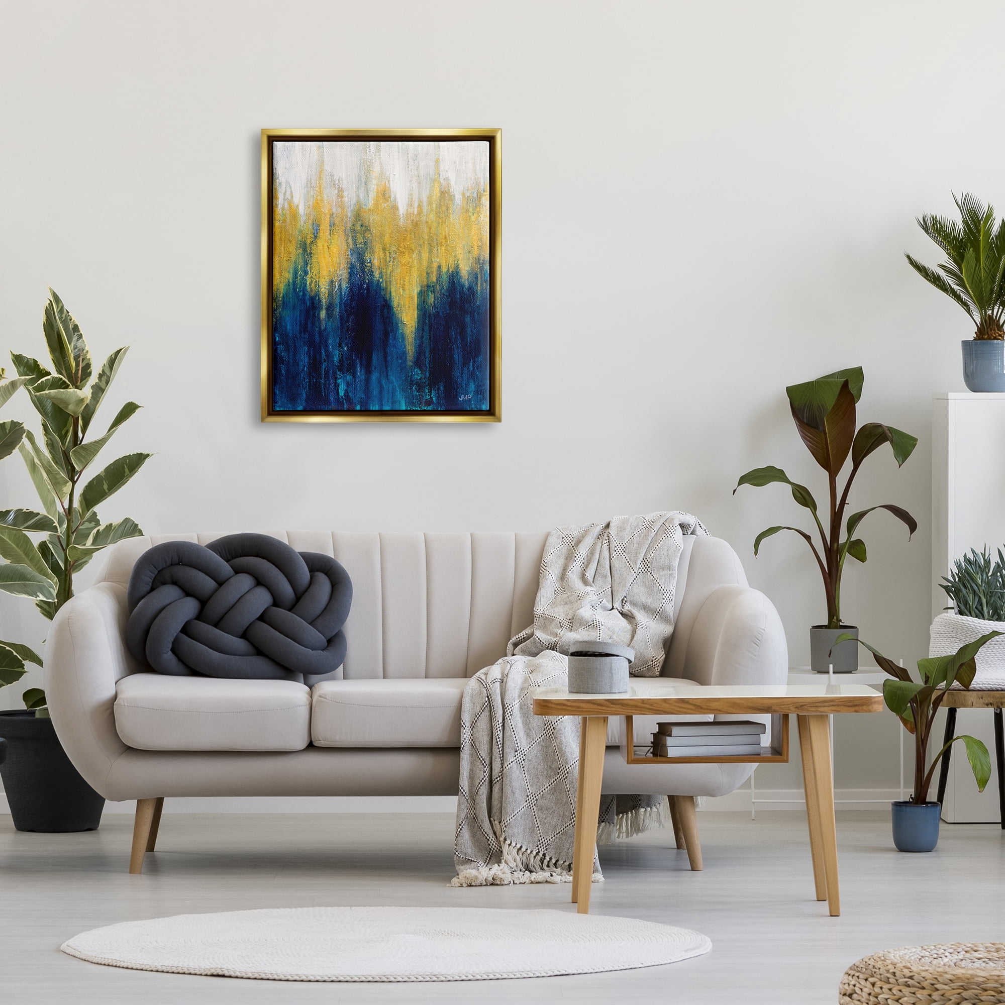 Stupell Industries Blue & Yellow Abstraction Abstract Painting Gold Floater Framed Art Print Wall Art, 25 x 31