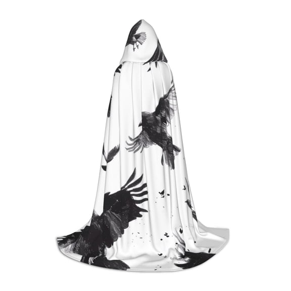 Honeii Monochrome Flying Ravens Print Poncho Cape, Cloak Coat, Snuggly Hooded Wearable Blanket, Hooded Cape For Teenagers,Halloween Costumes-Small