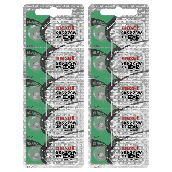 Maxell 319 SR527SW 1.55V Silver Oxide Watch Battery (10 Batteries)