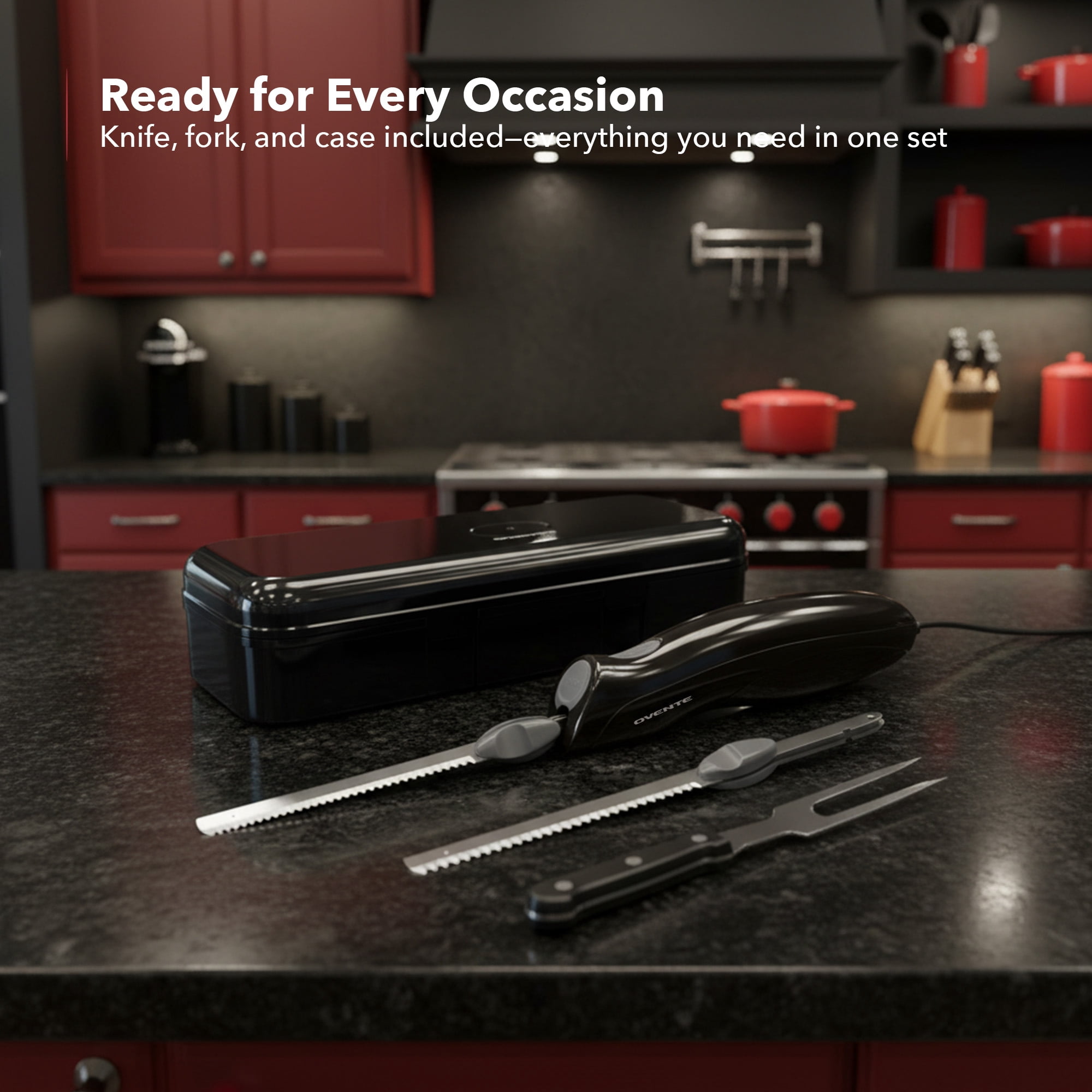 OVENTE Electric Knife Set with Two Serrated Stainless Steel Blades, Carving Fork, Storage Case, Safety Lock Button and Ergonomic Handle for Slicing Meat, Bread, Poultry, Fish and More, Black EK0813B