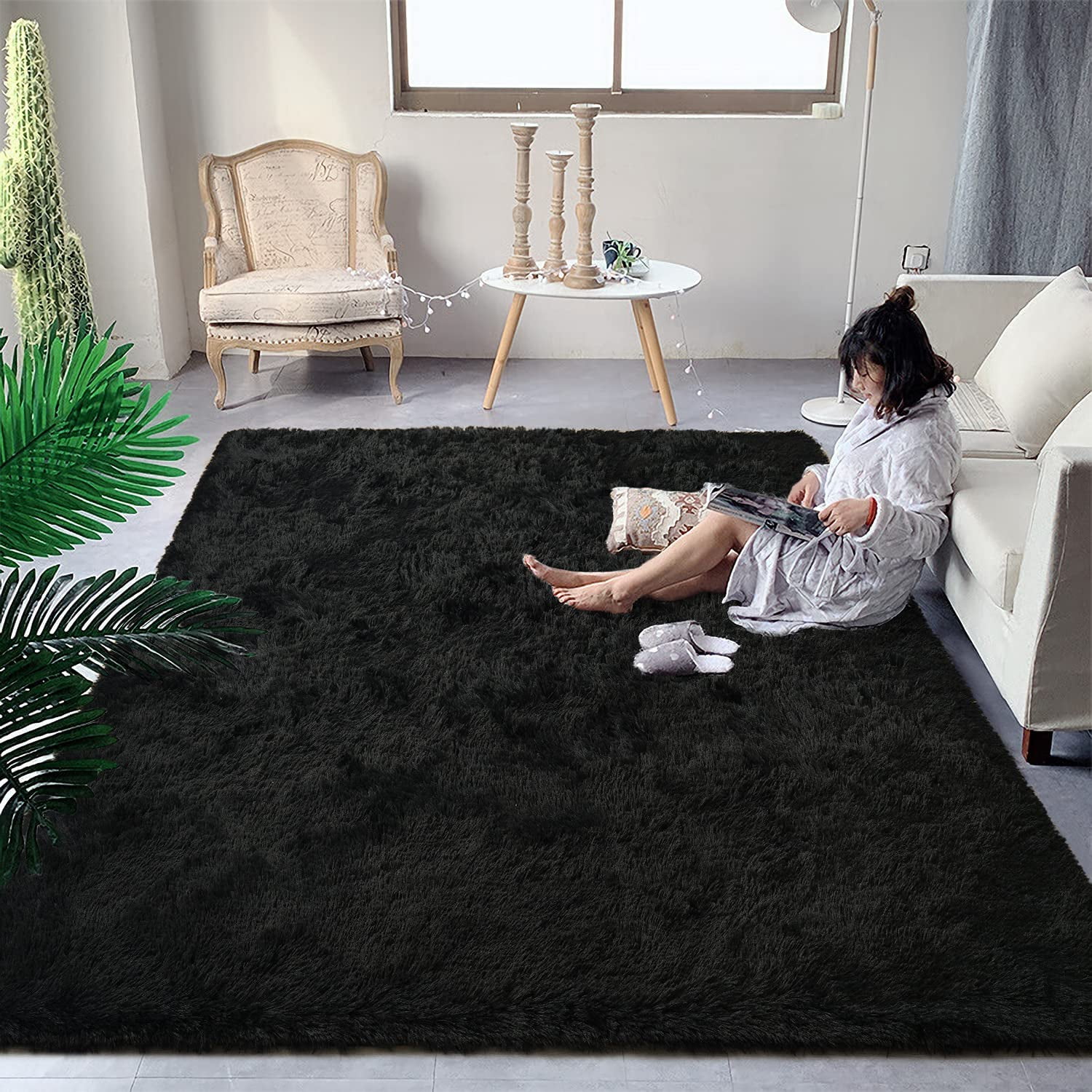Noahas Soft Fluffy Area Rug for Living Room Bedroom Shaggy Accent Carpets for Kids Girls Rooms Black,4x6ft