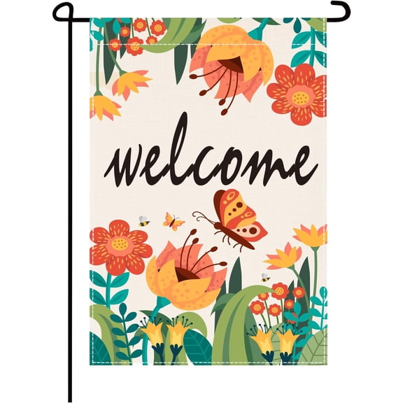 Spring Summer Floral Welcome Garden Flag, Seasonal Welcome Yard Outdoor Flag Double Sided Burlap 12x18 Inch Spring Garden Flag