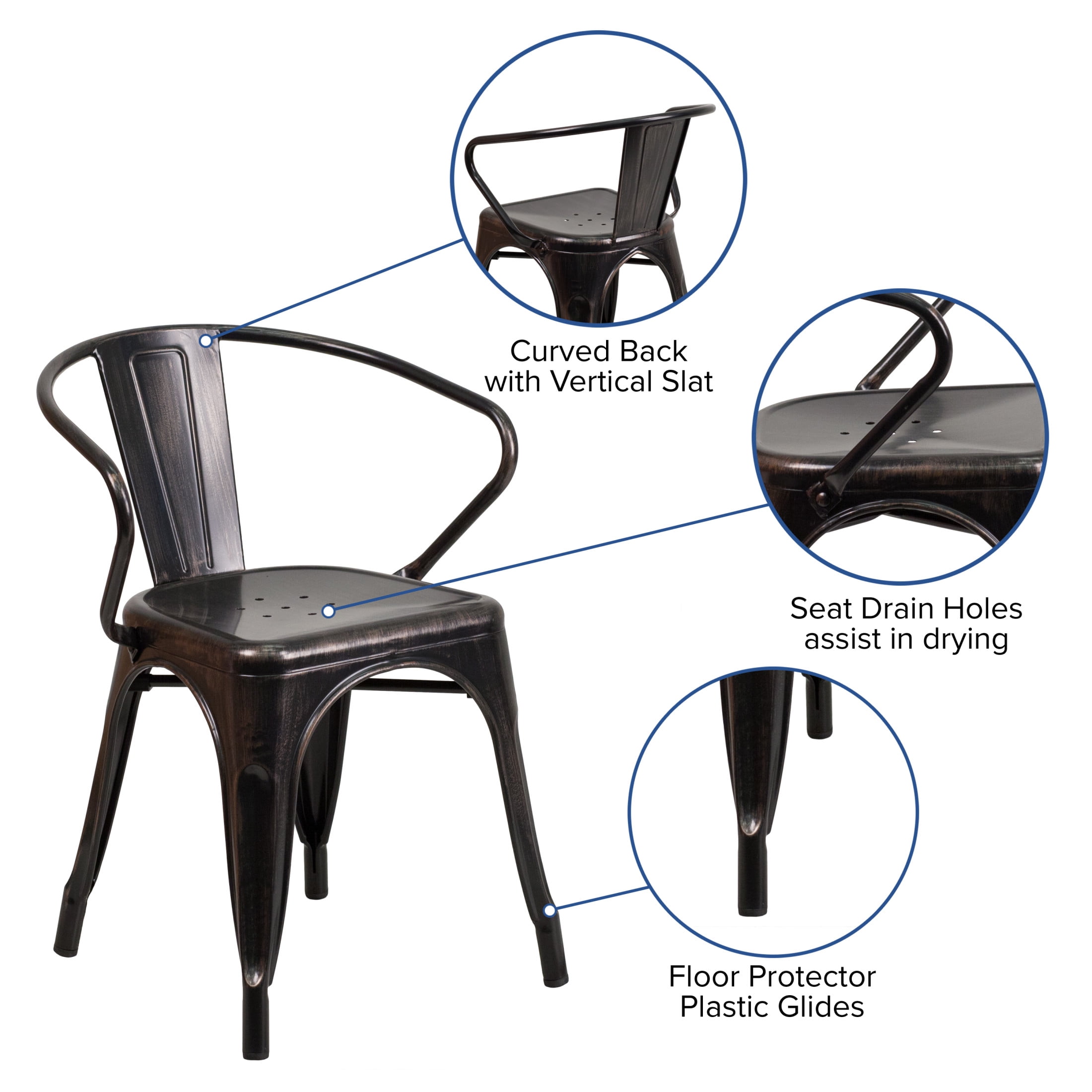 Flash Furniture Luna Commercial Grade Black-Antique Gold Metal Indoor-Outdoor Chair with Arms