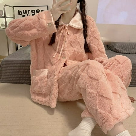 

PIKADINGNIS Women Winter Thicken Style Pajamas Set Button Kawaii Velvet Pyjamas for Woman Fashion Girls Warm Sleepwear Set Leisure Home Suit