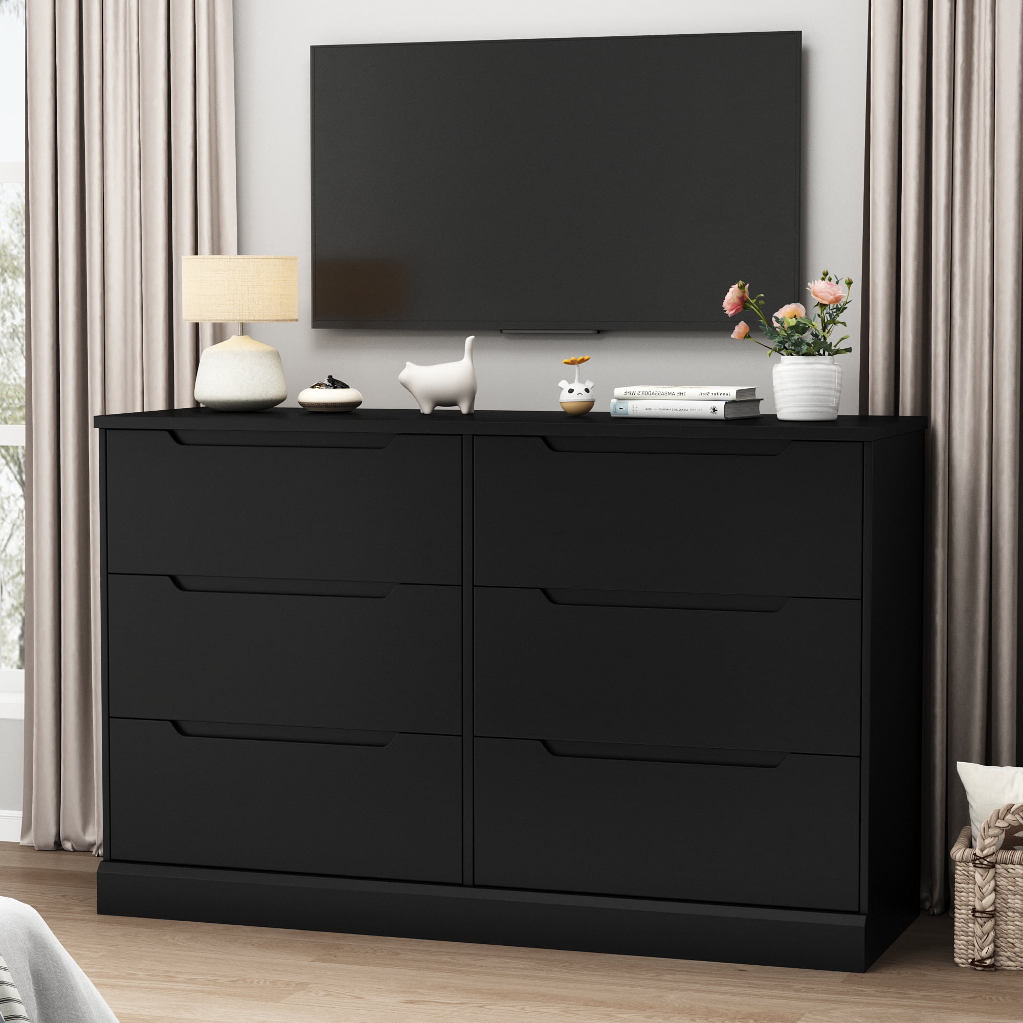 Black Dresser 6 Drawer Dresser for Bedroom, Modern Wooden Closet Dresser Living Room Hallway Entryway Cloakroom Dressing Room