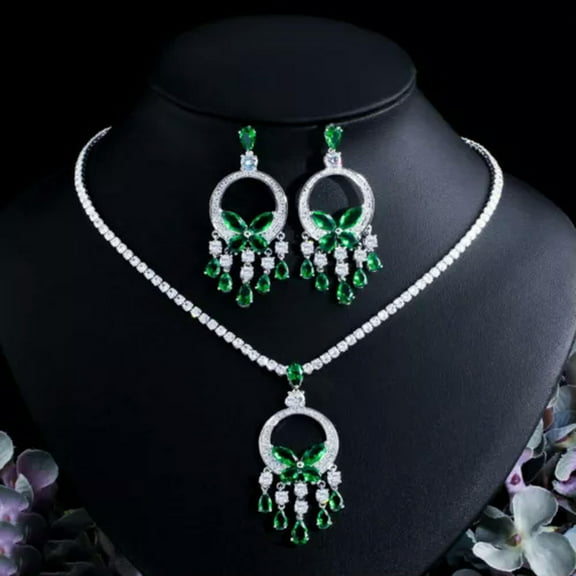 Silver Plated Green CZ Big Round Tassel Drop Necklace Earrings Prom Jewelry Set