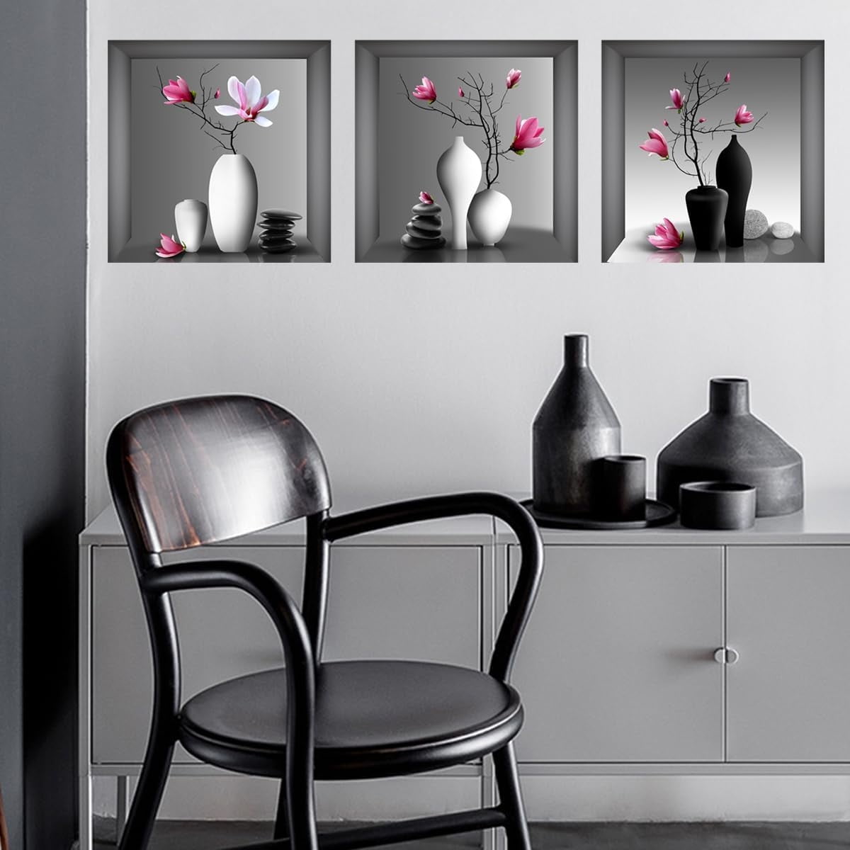 3D Vases Wall Decals Black White Stereo Stone Orchid Flowers Wall Stickers Waterproof DIY Removable Pink Flower Plants Wall Decor for Yoga Bedroom Living Room Offices Home Decoration