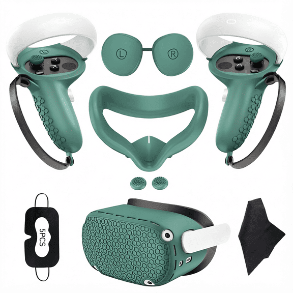 For 7 in 1 VR Silicone Accessories Compatible with Meta Quest 2 Dark Green Face Cushion Controller Grips Disposable Face Covers Cleaning Cloth Thumb Stick Caps Lens Protector Outer Shell