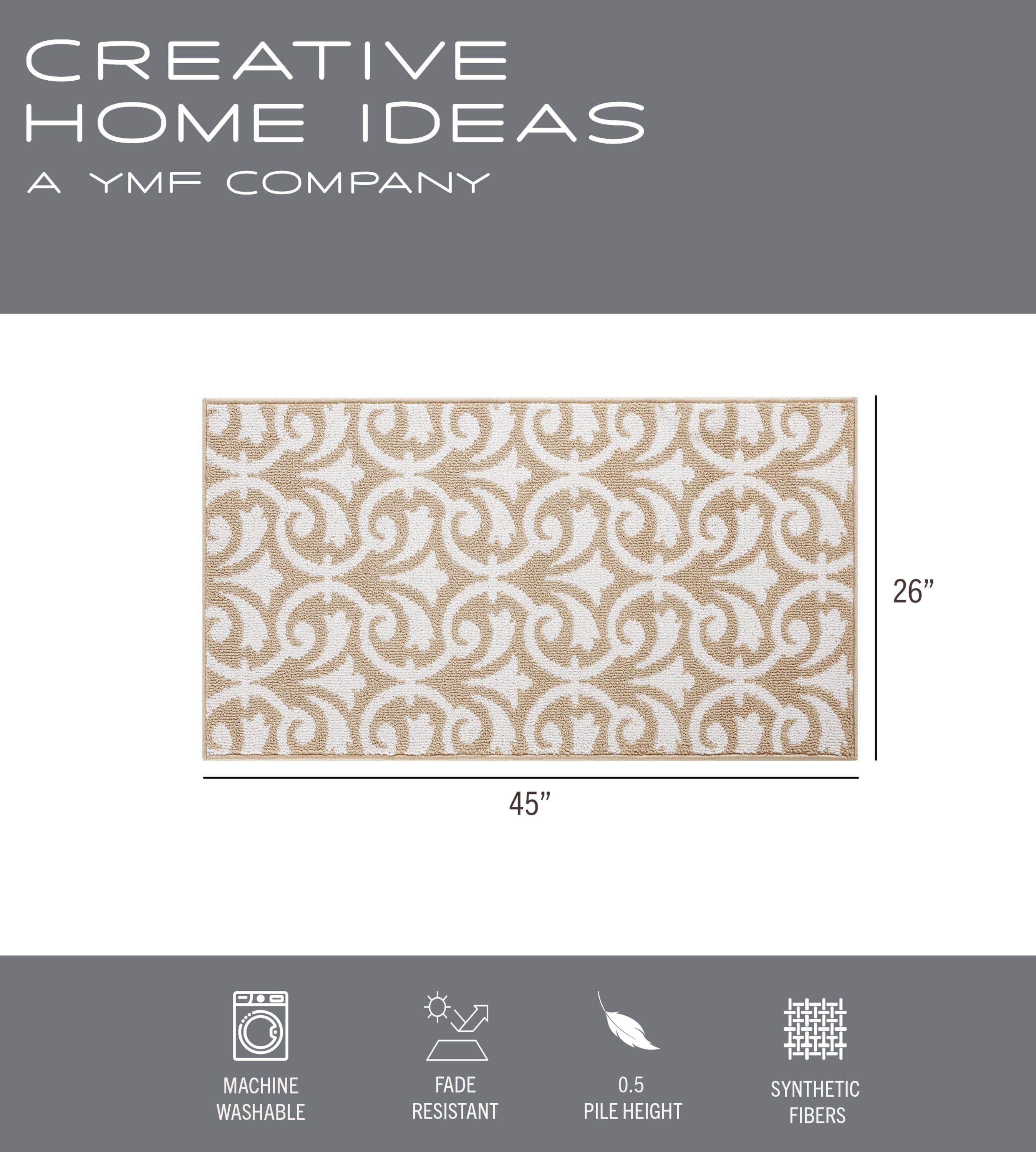 Washable Non-Slip Accent Rug, Floral Scroll, Beige and White, 26" x 45"