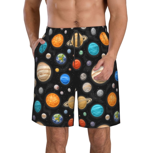Sikiie Planètes dans l'Espace Imprimé Shorts de Plage pour Hommes, Shorts à Séchage Rapide Haute Élasticité - avec Cordon et Poches Antidérapantes, Adaptés pour Plage, Sports, Vacances-Grand