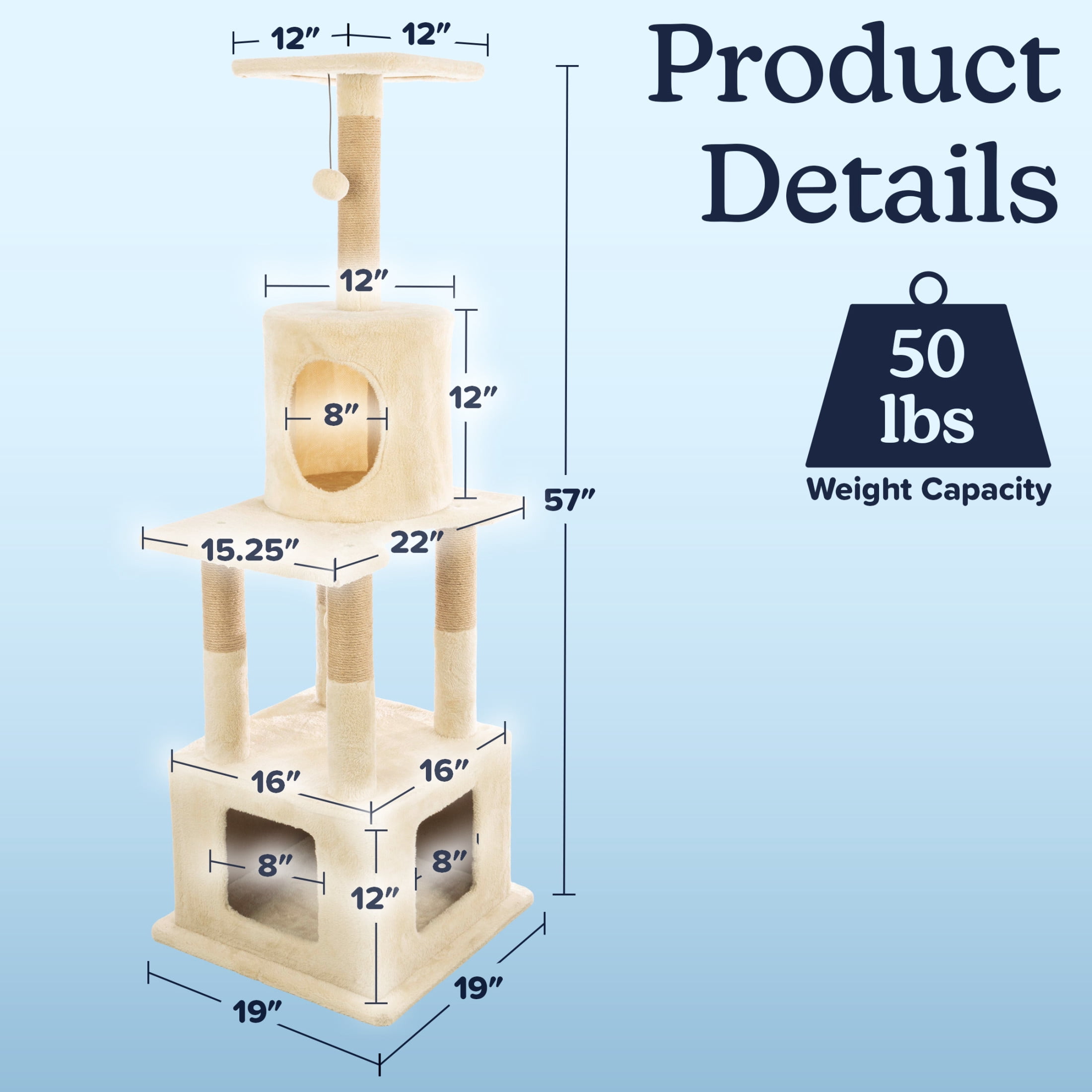 PETMAKER 57in Tall Cat Tree with Kitty Condos, Perches, Scratching Posts, and Hanging Toy (Beige)