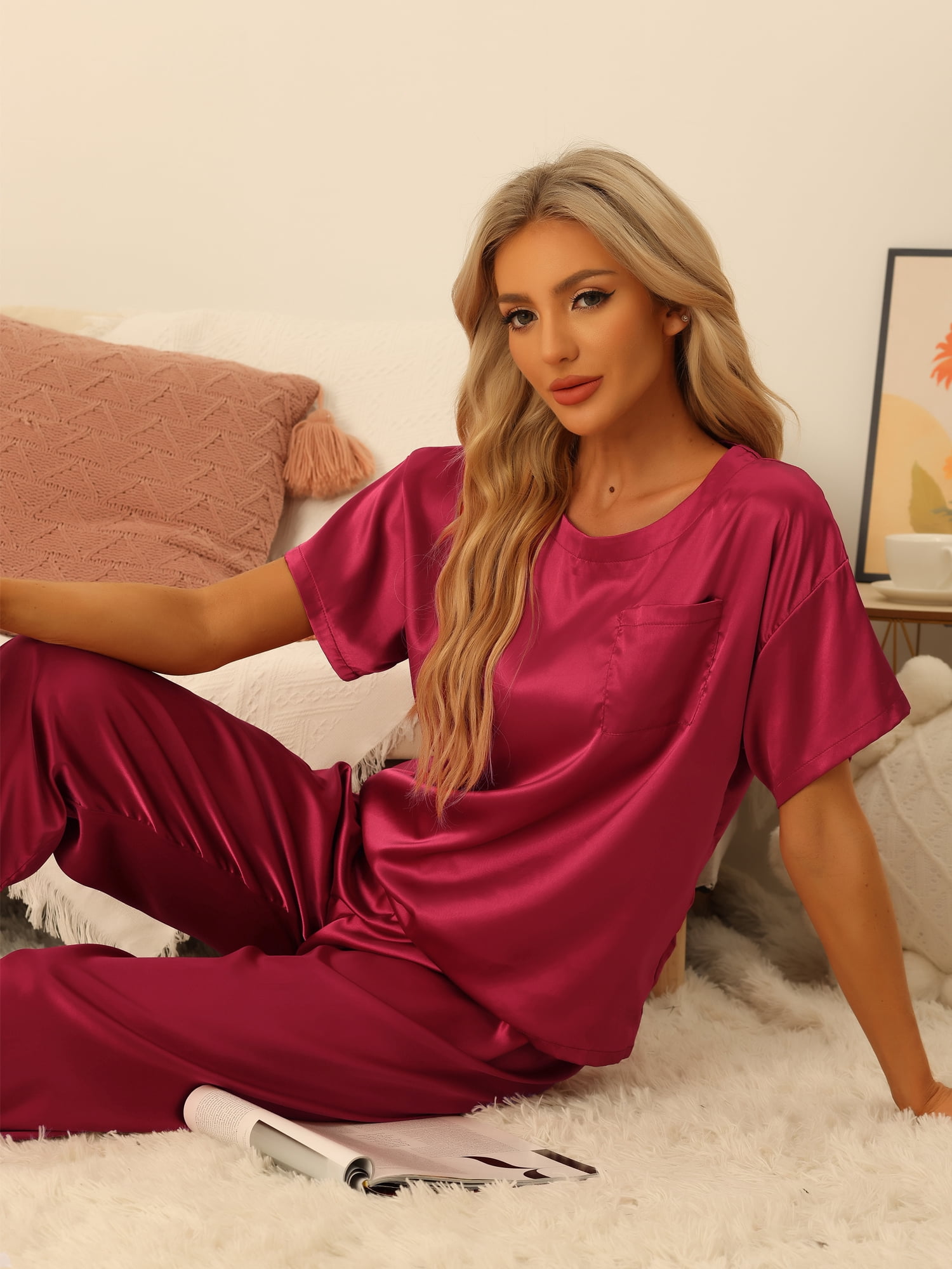 DARING DIVA Women's Satin Pajamas Sleepwear Summer Outfits Short Sleeves Tops XL Red