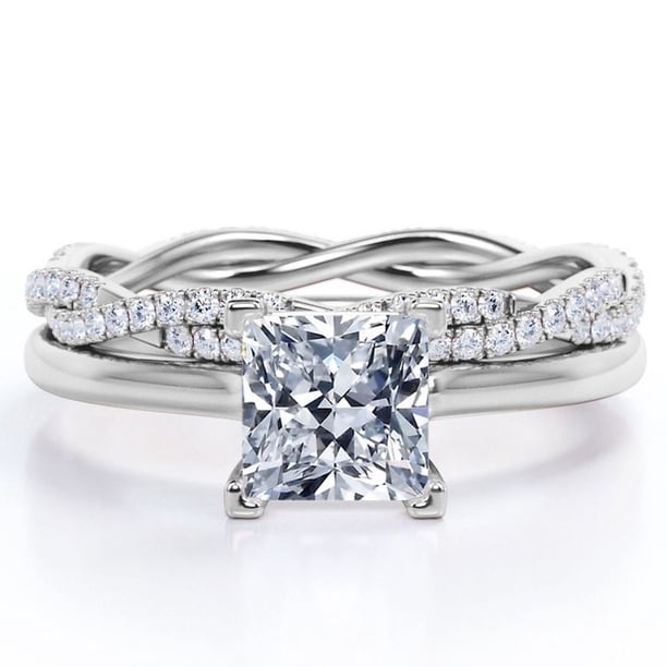 JeenMata Juego de Anillos de Boda de Cuatro Puntas con Corte Princesa de 1,50 Quilates Infinity Eternity con Baño de Oro Blanco de 18 K sobre Plata (Personaliza la Banda de Tu Anillo de Bodas)