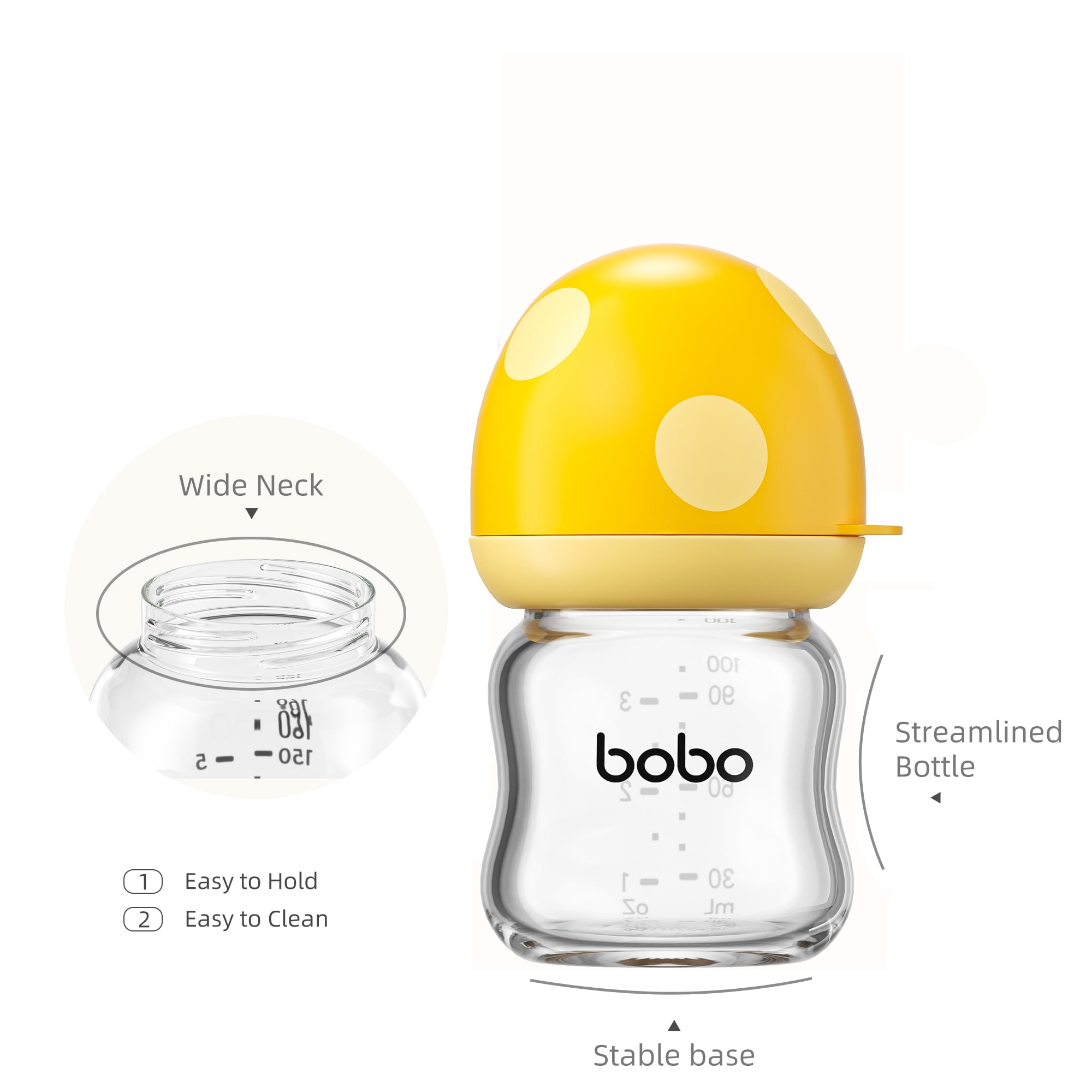 YOHKOH Glass Baby Bottle,Wide Neck,Natural Nipple Bottle,3.4 ounce,for 0m+ Infants Pack of 2 ,Yellow