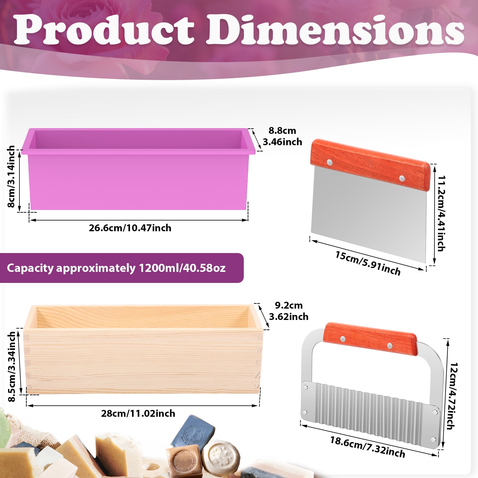 Toorise 40.58oz Silicone Soap Mold with Wooden Box Stainless Steel Straight and Wavy Cutter Complete Soap Making Supplies Kit for DIY Cold Process Making