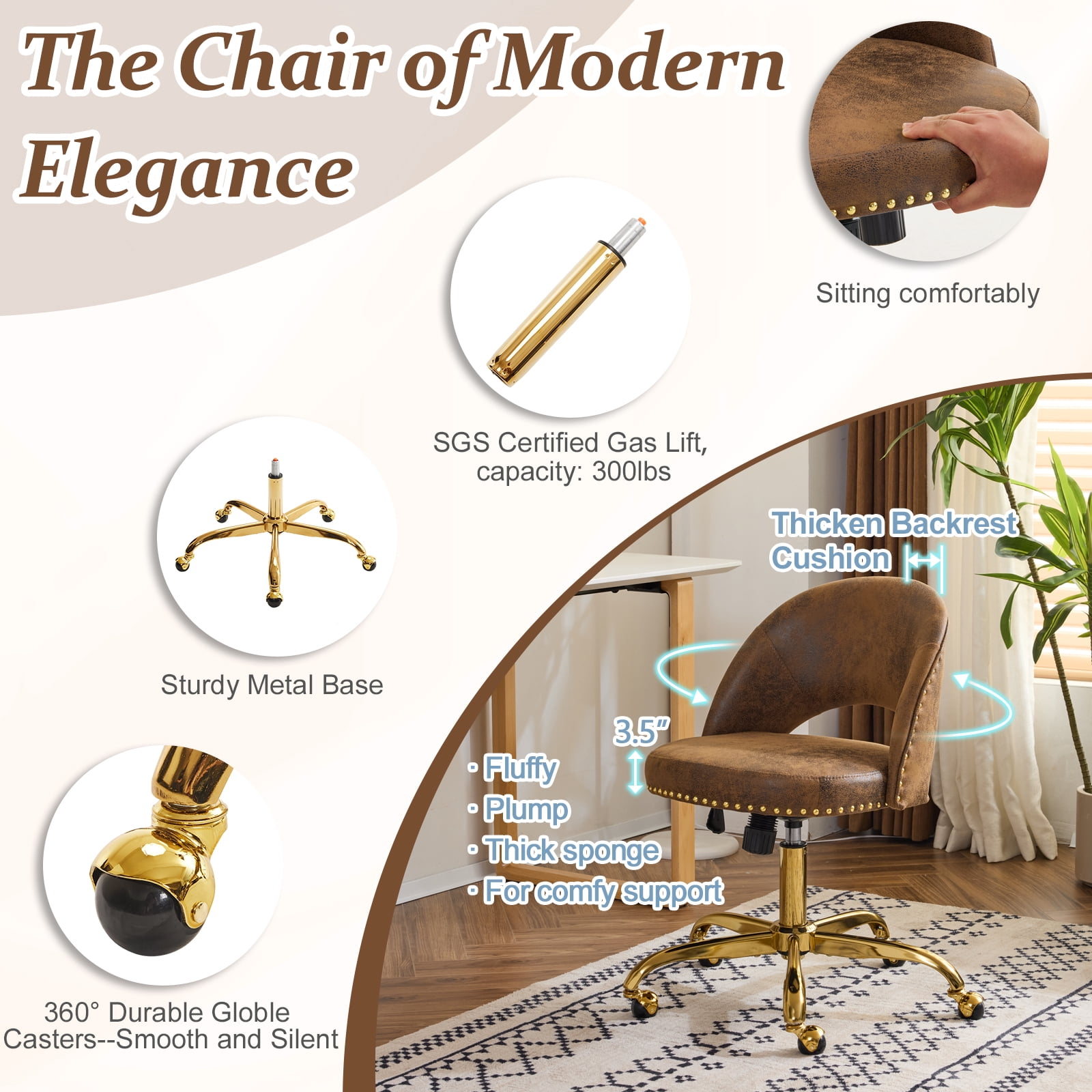 Ktaxon Office Desk Chair Adjustable Bronzing Cloth Fabric Computer Task Chair Small Rolling Vanity Stool with Wheels for Study Make-up Dressing Room Brown