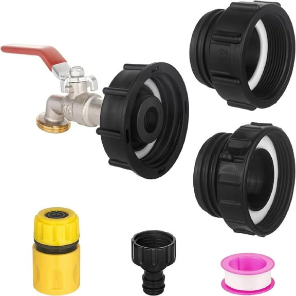 IBC Tote Adapter - 1/2" Lead-Free Brass Water Shut-Off Valve with Red Anti-Slip Handle - Fits 275-330 Gallon IBC Tank Fittings - Includes 3 Adapters and Garden Hose Quick Connector