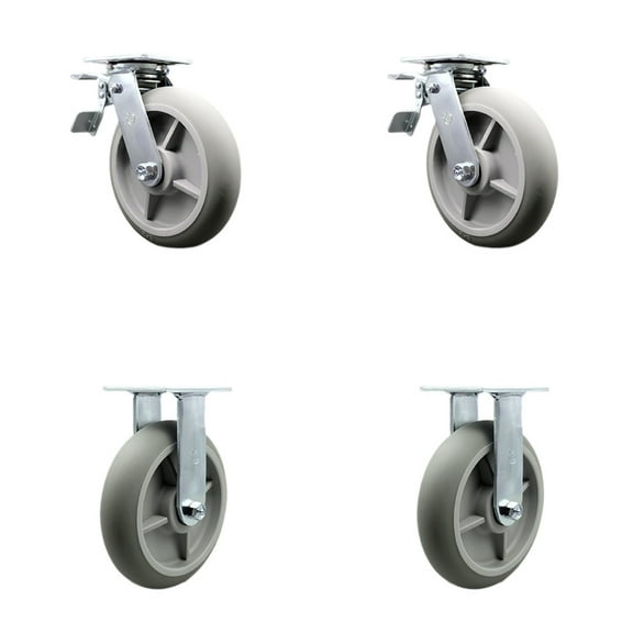 8 Inch Thermoplastic Rubber Caster Set with Ball Bearings 2 Brakes 2 Rigid SCC