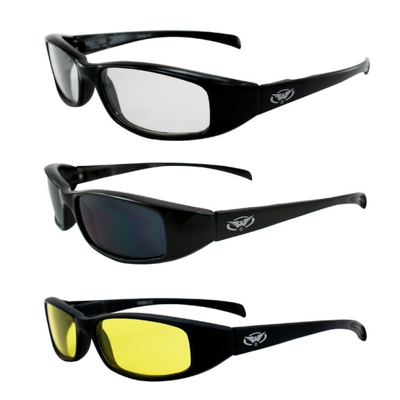 3 Pair Global Vision New Attitude Black Sport Motorcycle Riding Sunglasses 1 with Clear Lens 1 with Smoke Lens and 1 with Yellow Lens