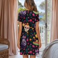 thumbnail image 3 of Yuyamidu Flower Skull Cat Nightgowns for Women Soft Knee-Length Nightshirts Button Up Crew Neck Sleepshirt Tshirt Pajama Dress, 3 of 7