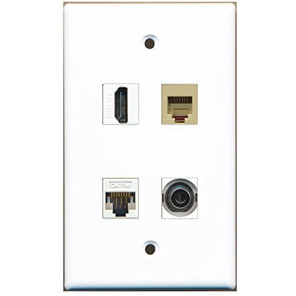RiteAV - 1 Port HDMI 1 Port Phone RJ11 RJ12 Beige 1 Port 3.5mm 1 Port Cat5e Ethernet White Wall Plate