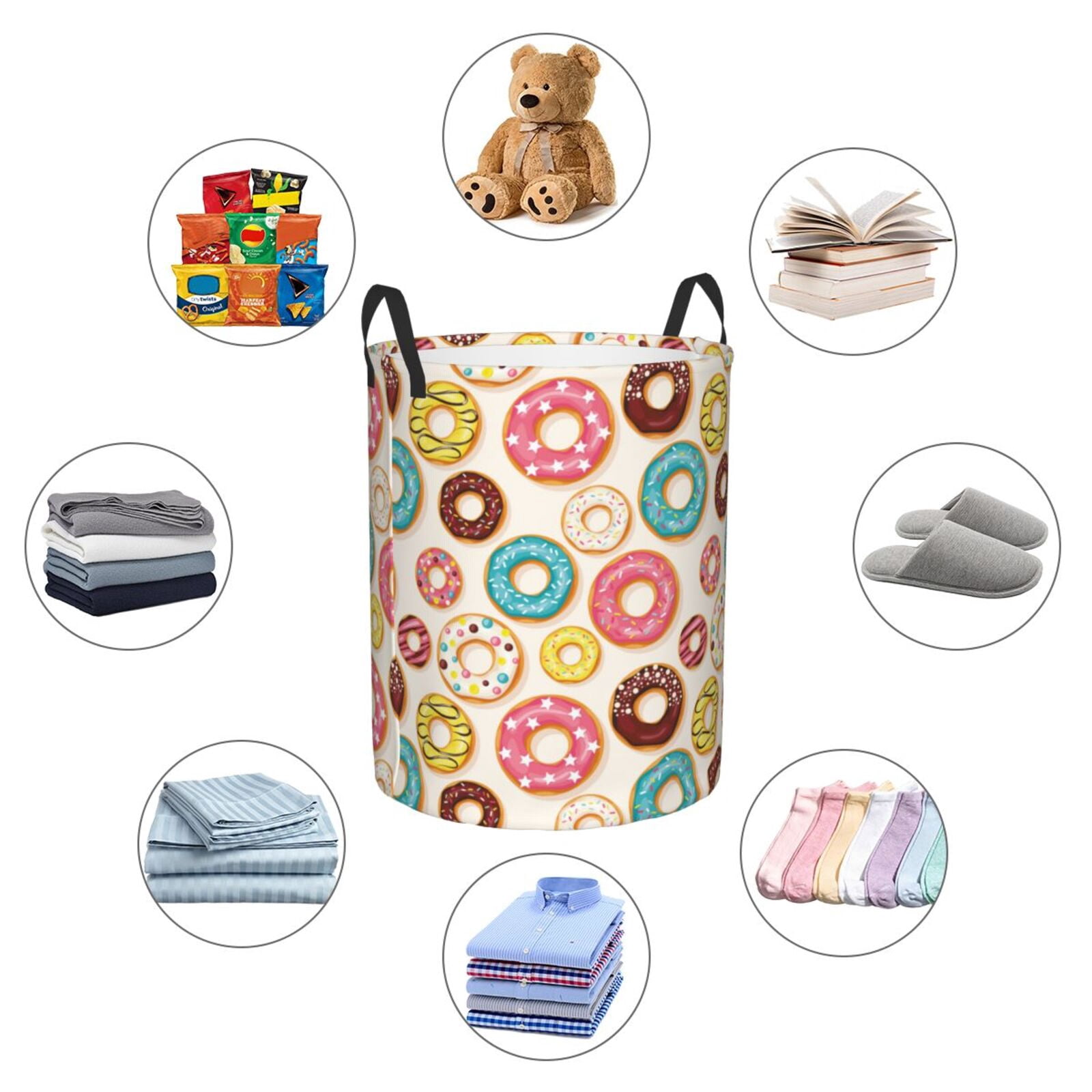 Large Laundry Basket with Handles - Donut Print No.9028 Kids Baby Dirty Clothes Laundry Hamper for Bedroom Aesthetic