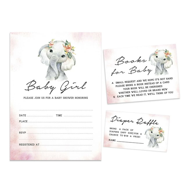 Inkdotpot Set Of 30Baby Elephant Girl Baby Shower Invitations-Diaper Raffle Tickets And Baby Shower Book Request Cards Jungle Animals Invites Its A Boy Its A Girl