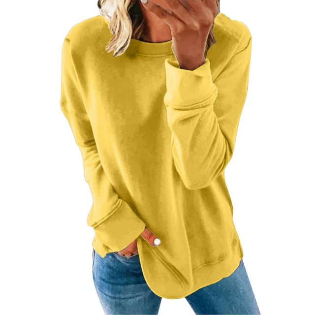 Pxiakgy Chandail Décontracté à Manches Longues pour Femmes Automne Hiver Col Rond Couleur Unie Jaune + TTG