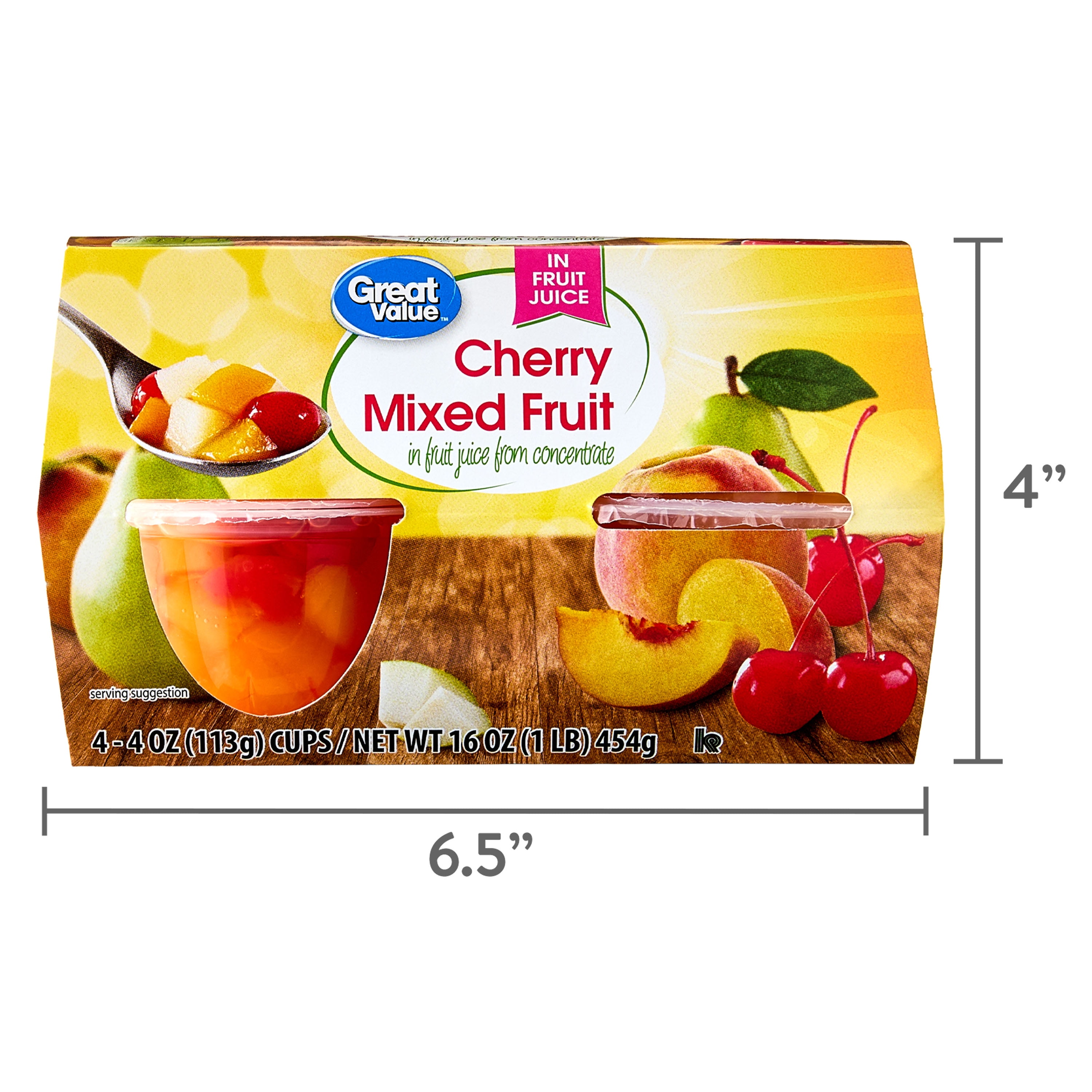 Great Value Cherry Mixed Fruit in 100% Juice, 4 oz, 4 Count