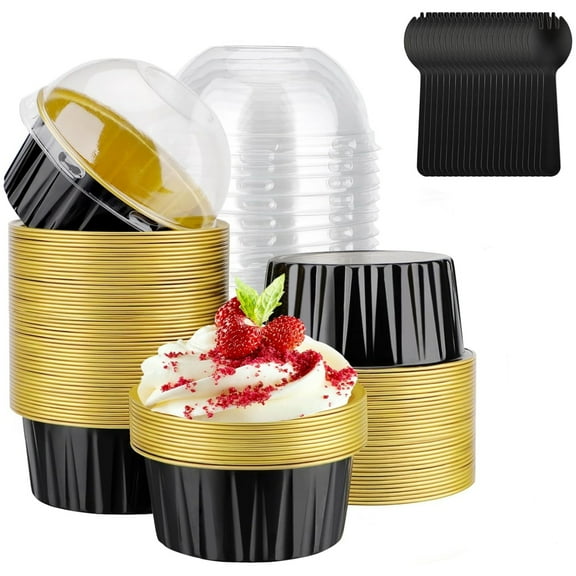 30 Pcs Ramekins with Lids Topboutique Aluminum Foil Muffin Tin Baking Dessert Cups Holders Mini Cake Containers Disposable Cupcake Liners Flan Molds for Wedding Birthday Party Favor-Black&Gold