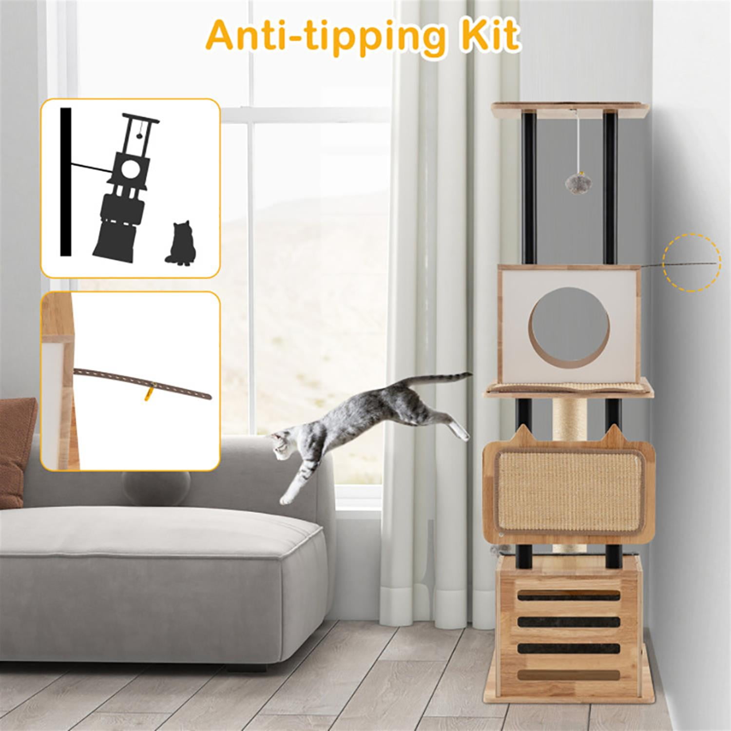Kadyn 56" Modern Cat Tree with Toy, Cat Tower Condo for Indoor Cats with 2 Condos, Sisal Scratching Posts and Carpets, Beige