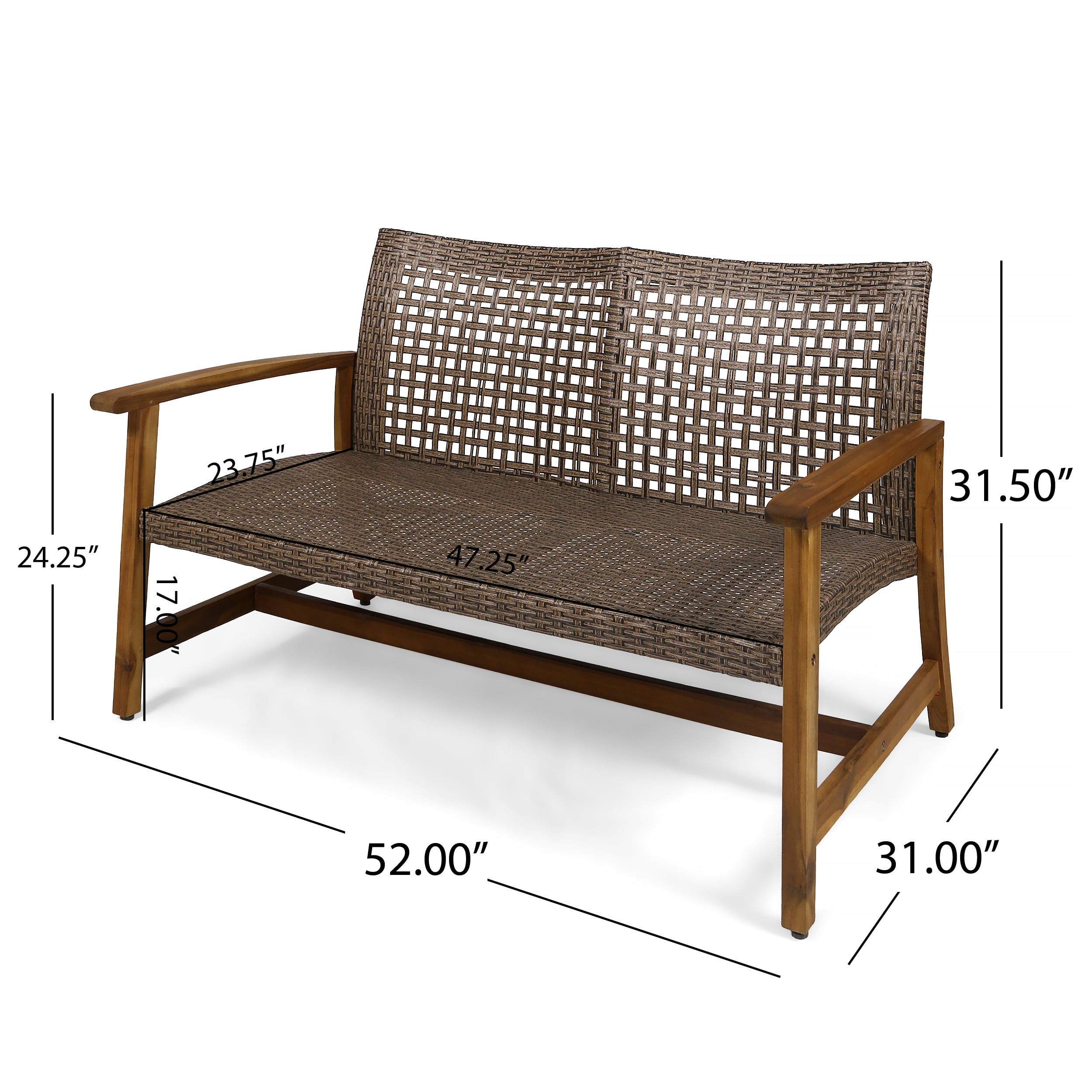 Outdoor Wood Woven Combined Double Seat Loveseat, Mixed Material Leisure Sofa for Patio Garden, Multi Brown and Gray