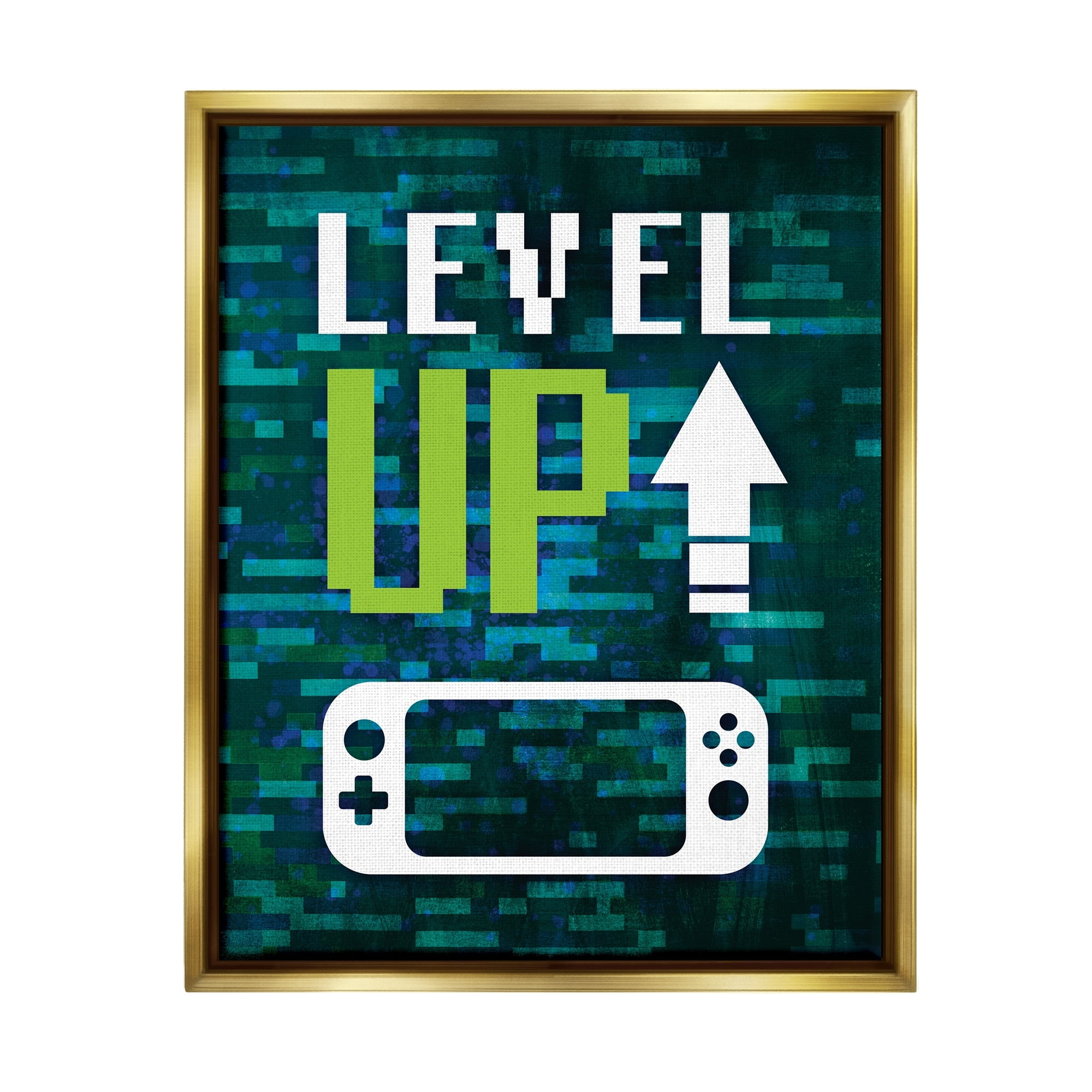 Stupell Industries Level Up Video Gaming Pixel Text Design Graphic Art Metallic Gold Floating Framed Canvas Print Wall Art, Design by Victoria Barnes