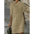 thumbnail image 5 of Casual Stand Collar Button Cotton Linen Solid Color Mid Sleeved Dress Womens Midi Dress Casual Mother of The Bride Dress, 5 of 6