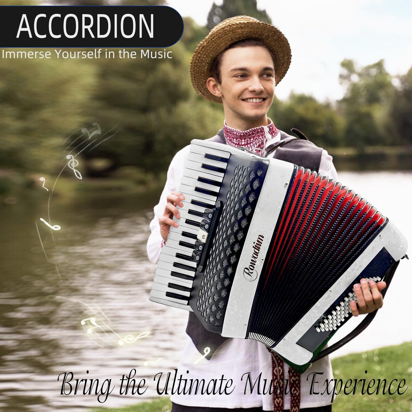 Accordion - 34 Key 60 Bass Piano Style, Lightweight & Portable with Adjustable Strap & Backpack, Perfect for Beginners, Students & Adults (White)