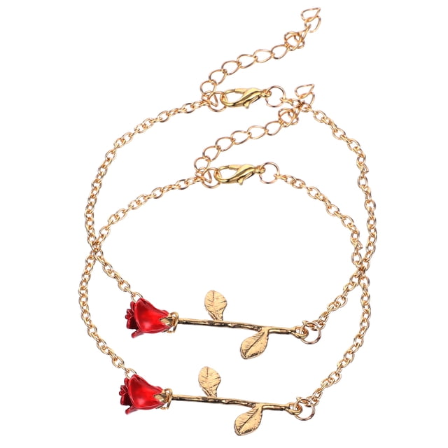 2 pulseras de rosas rojas de moda, ajustables y elegantes, regalo de joyería para mujeres y niñas (doradas).