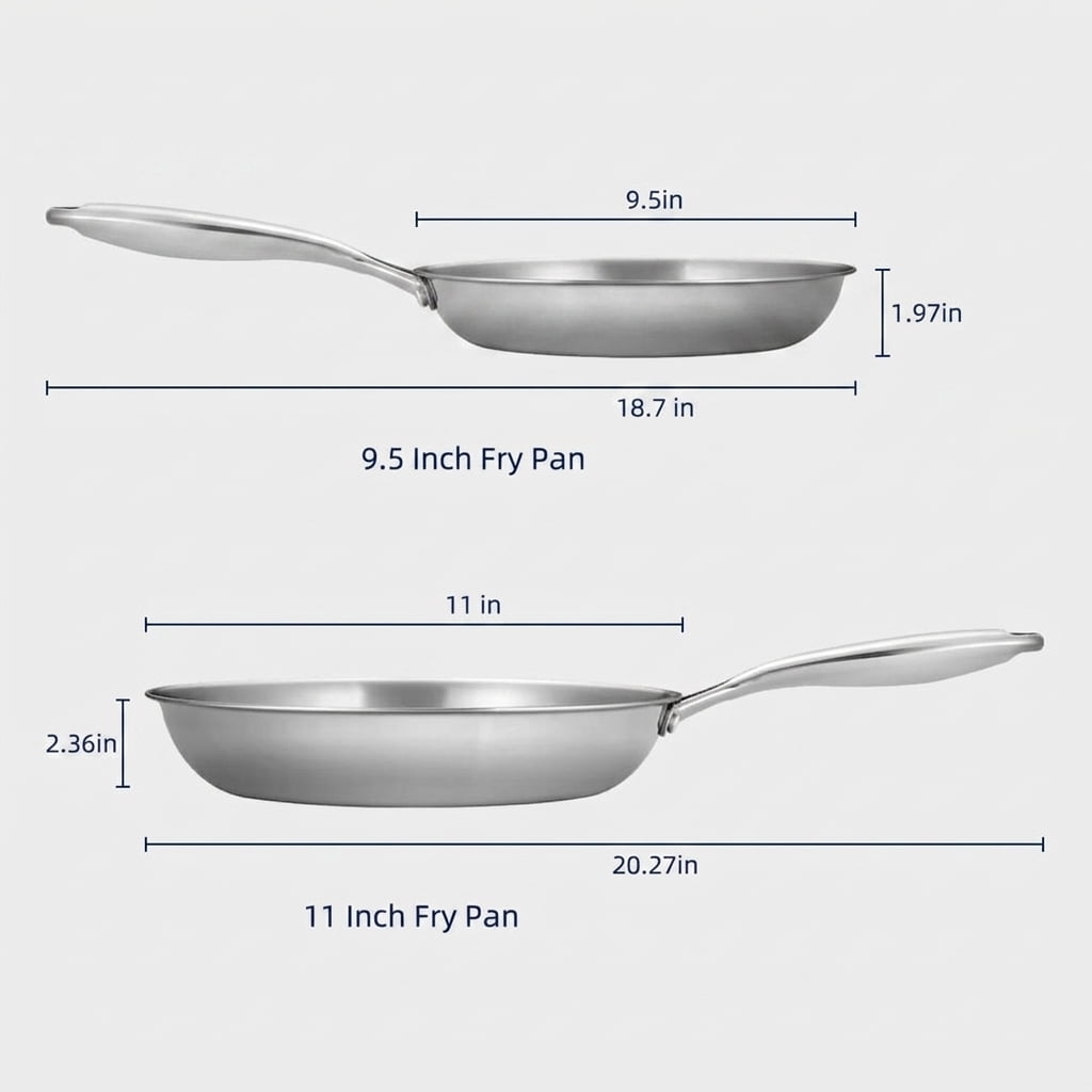 Fenbeli 2-Piece Stainless Steel Fry Pan Set with 9.5 and 11 Inch Skillets, Tri-Ply Base, Cool-Touch Handles, Silver