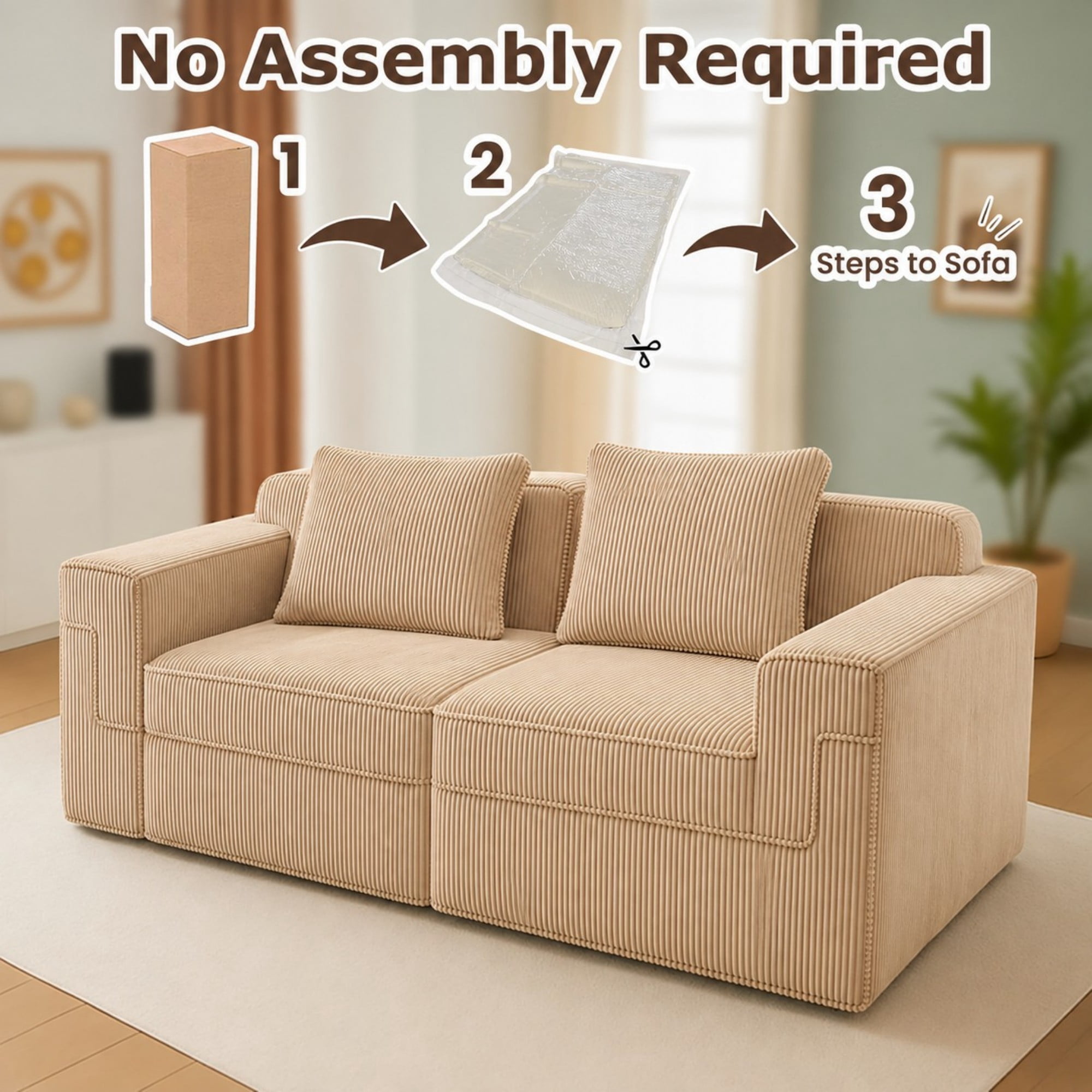 DEALTOPS 81" Modern Corduroy Floor Sofa, Modular 2-Seater Cloud Couch with Deep Seats & 2 Pillows, Beige