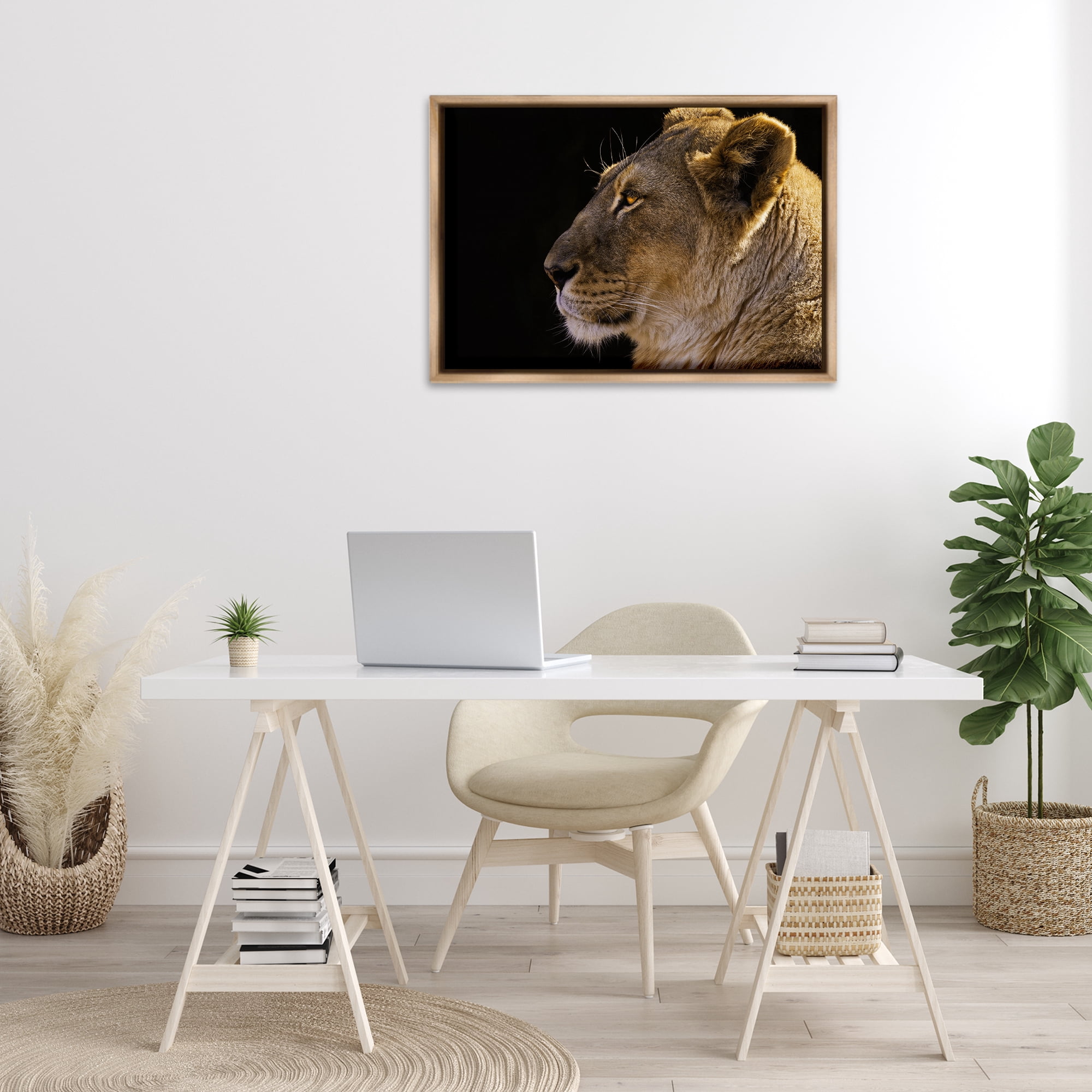 Stupell Industries Fierce Lion Looking Left Animals Photography Brown Floater Framed Canvas Art Print Wall Art, 31 x 21