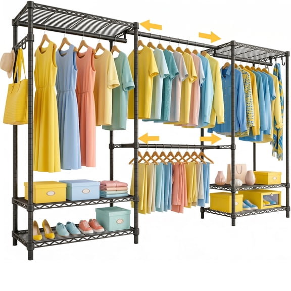 Prilinex 71.5-91.3"W Extendable Heavy Duty Clothes Rack, Clothing Rack for Hanging Clothes, 1280 lbs Free Standing Closet System with Shelves, Adjustable Metal Garment Rack, Black