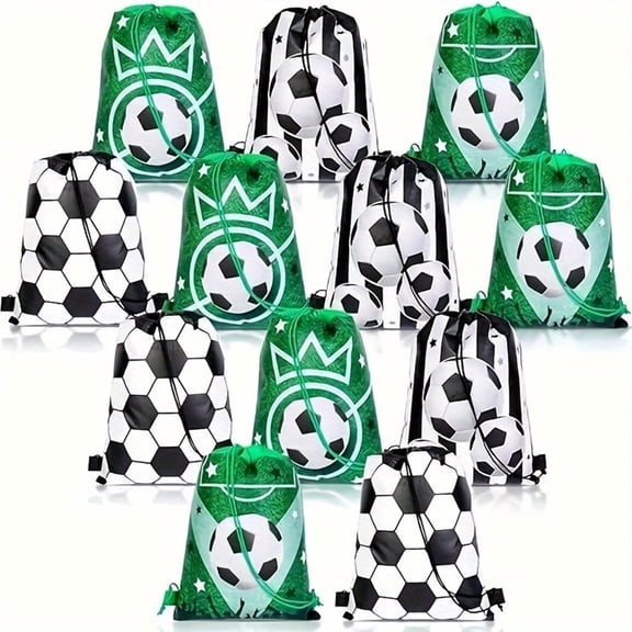 KISPATTI 12 Pcs Soccer Party Favor Bags Sports Party Drawstring Bags Candy Treat Reusable Cloth Bags Party Gift for Birthday Sports Party Soccer Baby Shower Decor Supplies