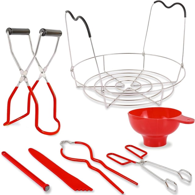 CNKOO Canning Supplies Starter Kit - 7 Pieces Stainless Steel Canning Set Tools Steamer Rack Canning Funnel Jar Lifter Wrench Tongs Lid Lifter/Bubble Remover Tool for Canner/Pot Begin
