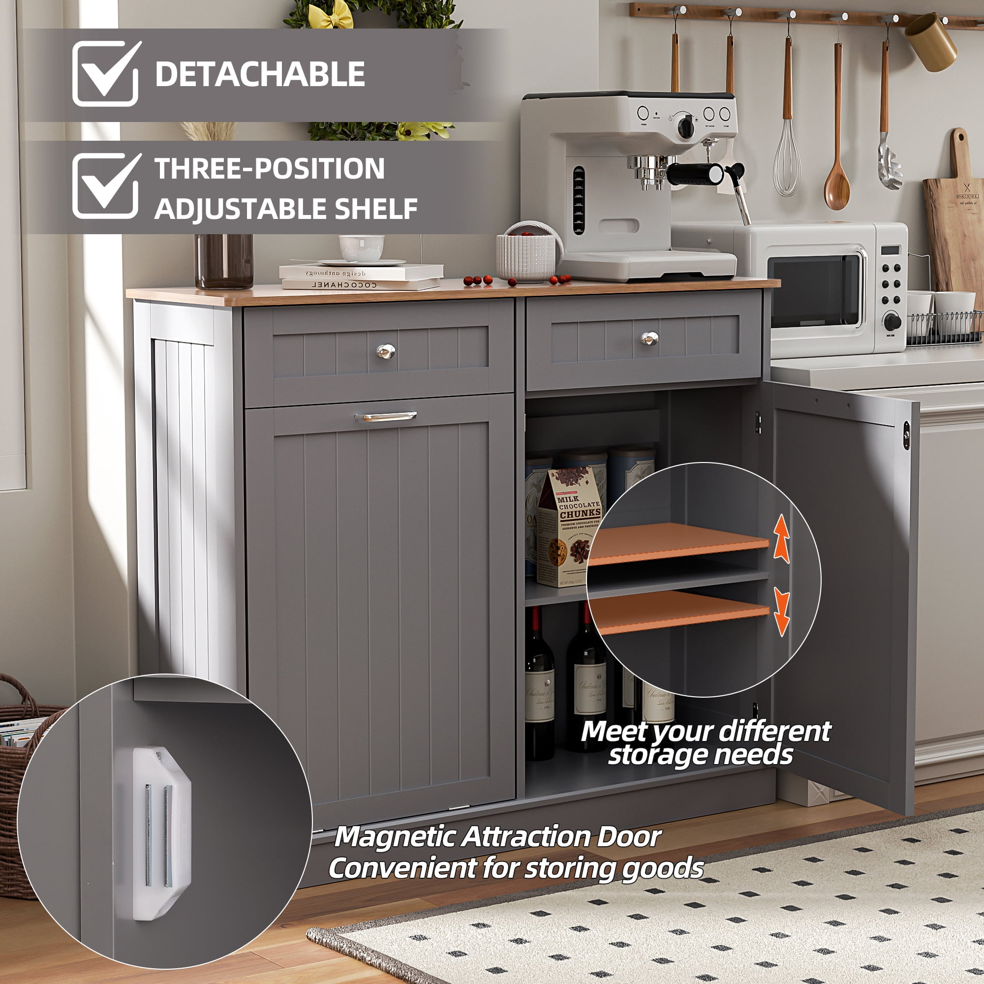 HARIPUL Single Tilt Out Trash Cabinet 13 Gallon Waste Bins Hidden Trash Bin w/ Hiddles for Kitchen, Gray