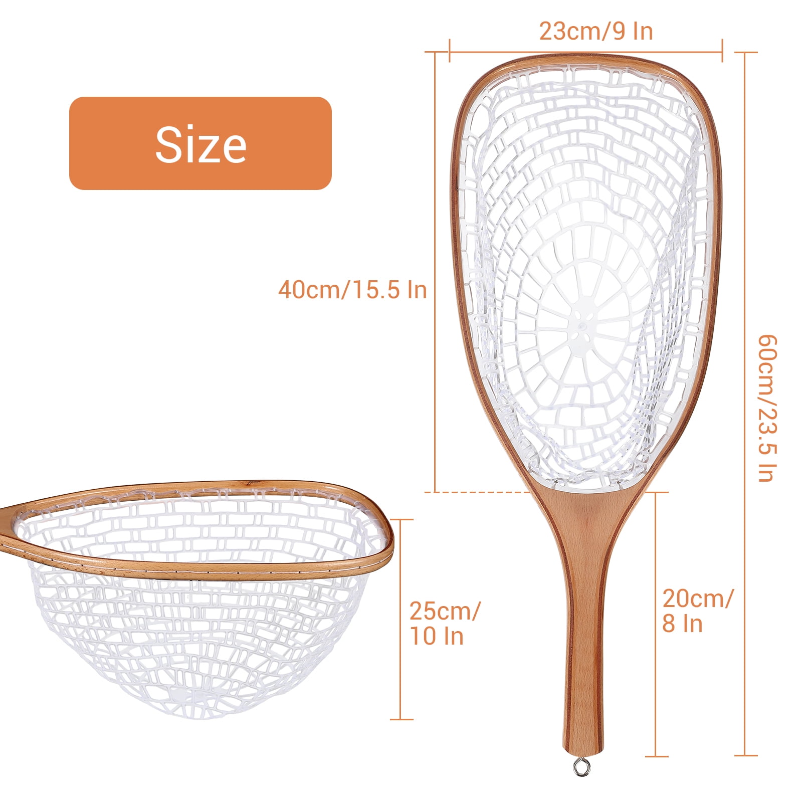 Wooden Fly Fishing Net - Soft White Silicone Mesh, Beech Wood Straight Handle, Lightweight, Durable, Safe Catch & Release, For Trout, Bass, Freshwater & Saltwater