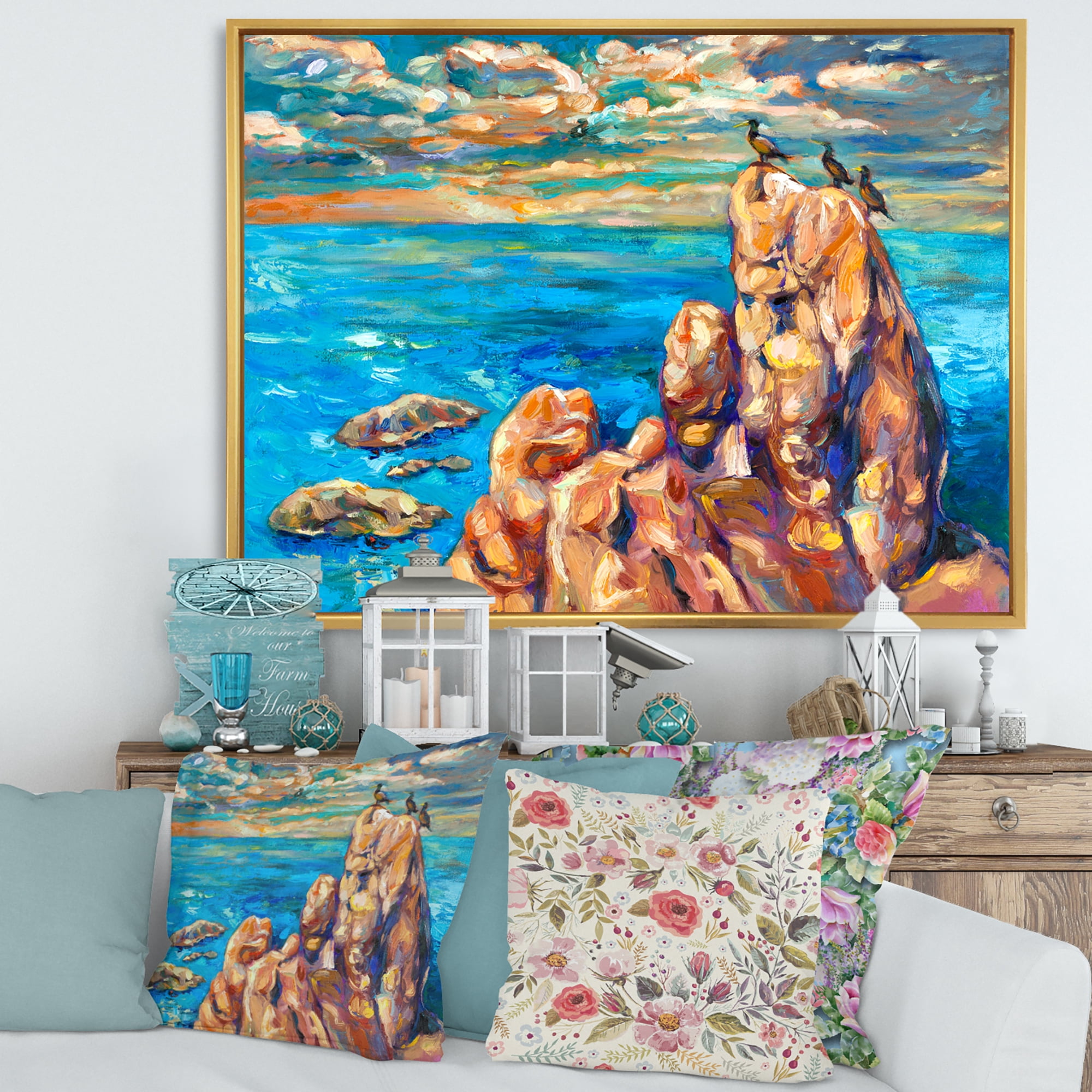 Designart 'The Blue Ocean By Rocky Cliffs I' Nautical & Coastal Framed Canvas Wall Art Print